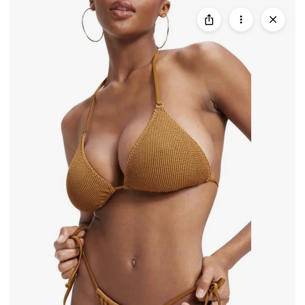 GOOD AMERICAN Always‎ Fit Tiny Ties Bikini Top Brown Ribbed Adjustable